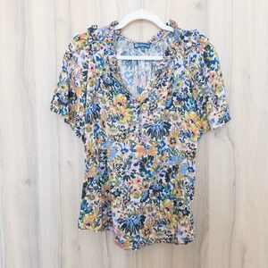 Democracy Womens Floral Blouse Size XL Multicolor Ruffled Cottage Boho Romantic